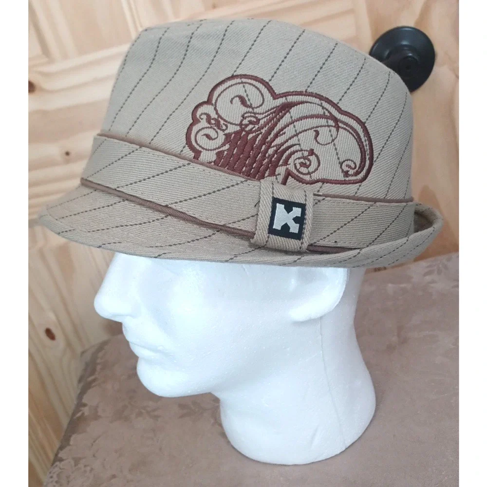 Kenny K. Beige Brim Embroidered Lined Fedora Hat 100% Cotton XL